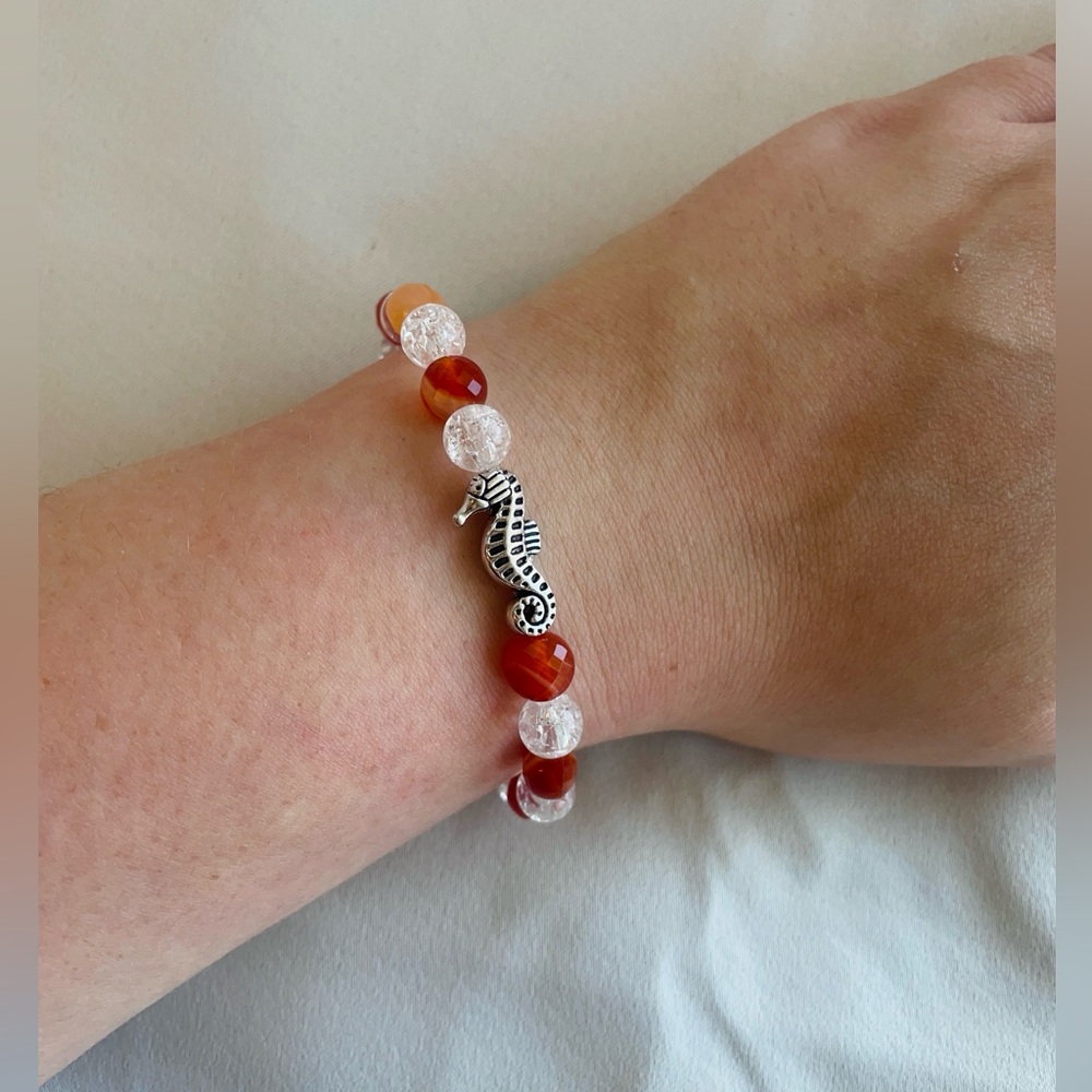 Handmade Orange Agate and Clear Crackle Seahorse Bracelet